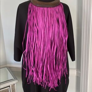 Large Leather Fringe Bib Necklace Pink